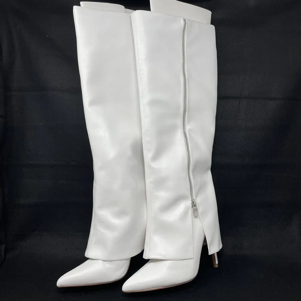 Pretty Little Thing White‎ Pointed Fold Over Stiletto Heel Knee Boots NIB Size 5